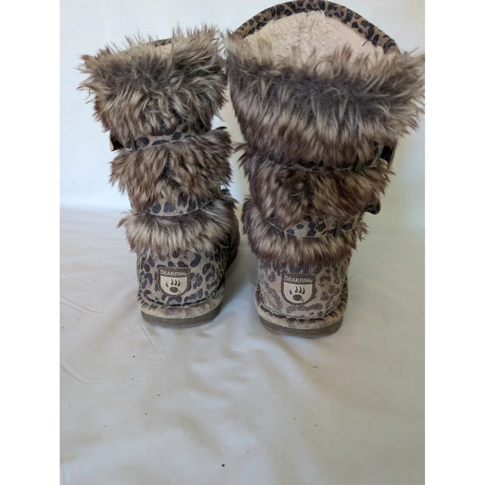 Bearpaw Youth Girls Leopard Print Faux Fur Buckle Boots Brown Tan Size 5